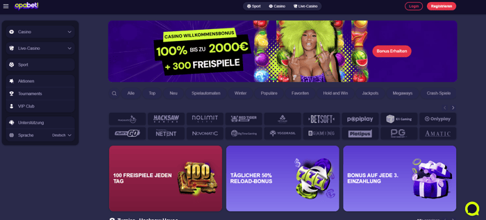 Opabet Casino Screenshot mit der Startseite,