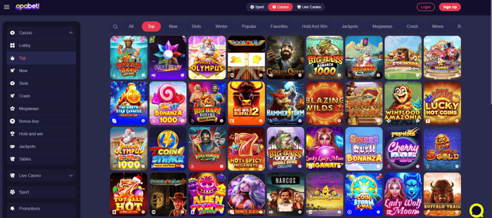 Opabet Casino Screenshot mit der Spieleseite.