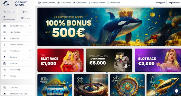 Startseite des Casino Orca zeigt Willkommensbonus, Menü und andere Angebote