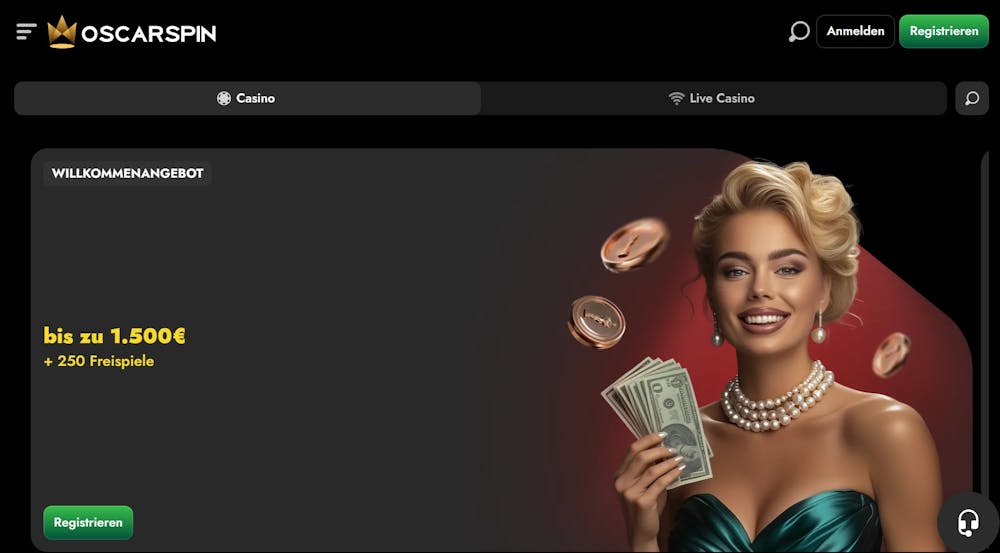 Oscarspin Casino Screenshot, schwarze Website mit gelben Akzenren, rechts eine Frau mit Casinochips und Geldscheinen in der Hand.