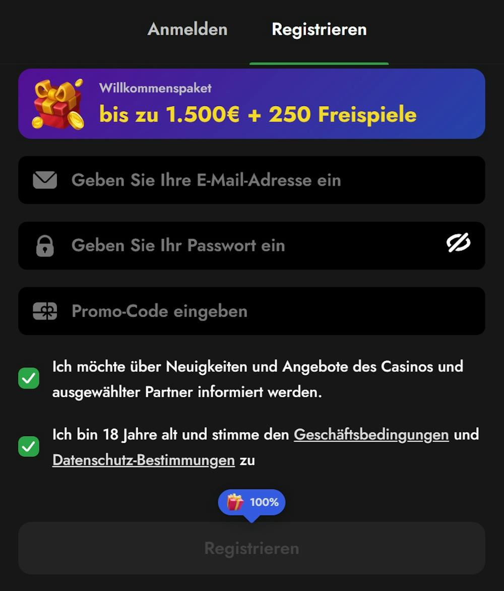 Oscarspin Casino Screenshot in schwarz mit blauen und weißen Akzenten, zu sehen ist die Anmeldemaske in welche persönliche Daten eingegeben werden können.