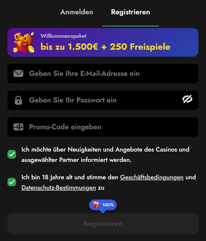 Oscarspin Casino Screenshot in schwarz mit blauen und weißen Akzenten, zu sehen ist die Anmeldemaske in welche persönliche Daten eingegeben werden können.