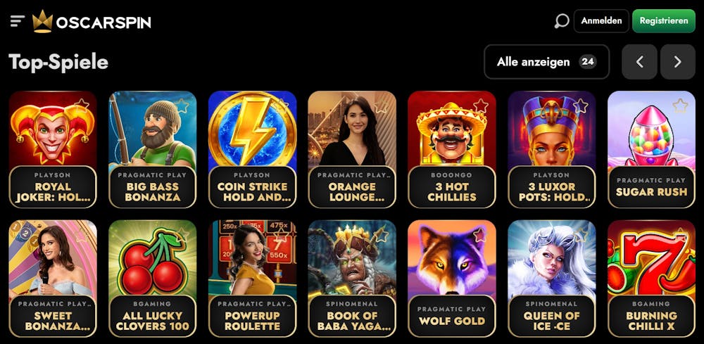 Oscarwin Casino Screenshot mit der Spieleauswahl, darunter Big Bass Bonanza.