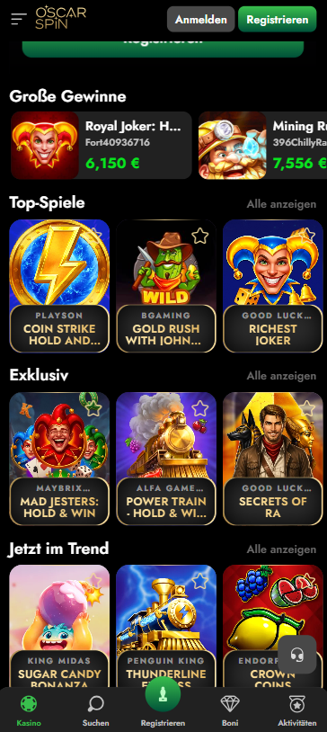 Spiellobby im Oscarspin Casino zeigt Spiele wie Richest Joker neben anderen Spielkategorien