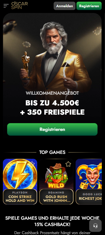 Oscarspin Casino Startseite zeigt Willkommensbonus neben top Games