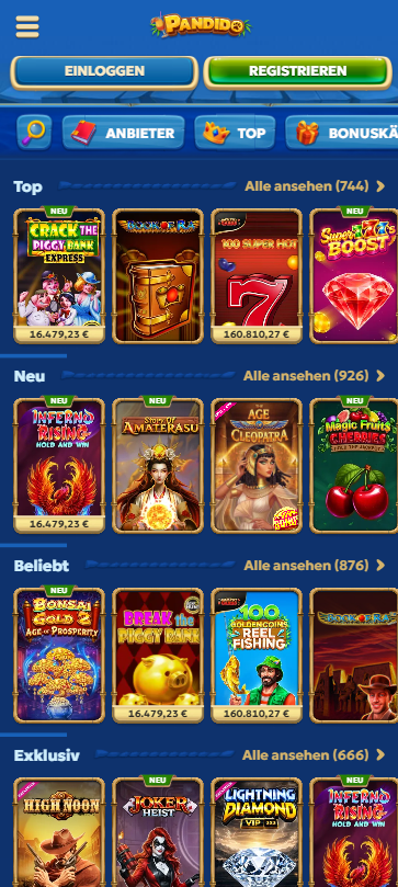 Spiellobby im Pandido Casino zeigt top Spiele wie Book of Ra neben anderen Spielkategorien