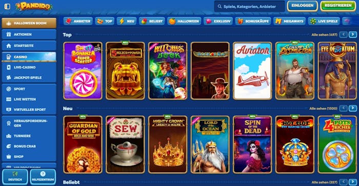 Spiellobby im Pandido Casino zeigt top Spiele wie Aviator neben anderen Spielkategorien