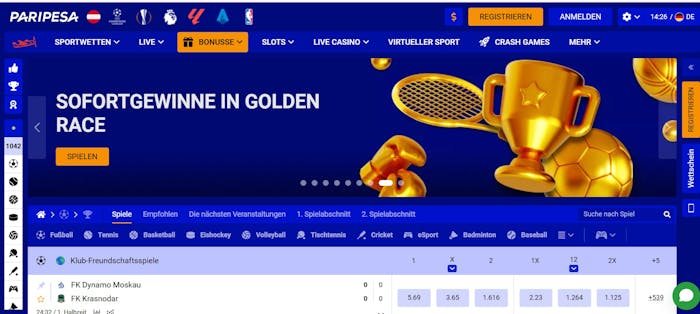 Die Homepage von Paripesa Casino mit einer Beschreibung über die Sofortgewinne bei Golden Race