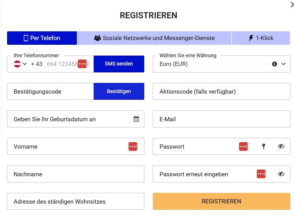 Das Registrierungsformular von Paripesa Casino