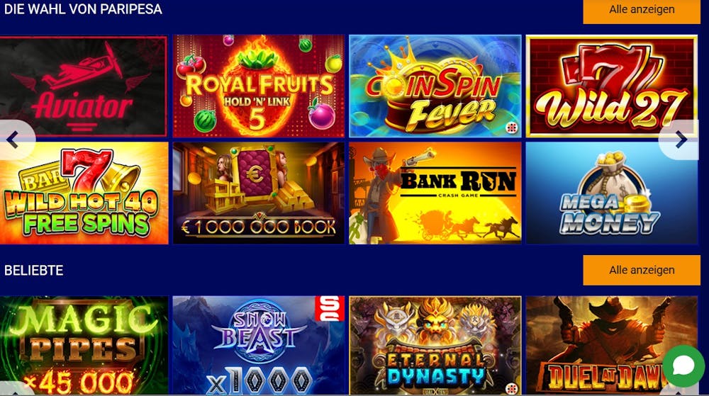Die Slotauswahl von Paripesa Casino mit vielen verschiedenen Titeln wie Snow Beast x1000 und Royal Fruits 5 