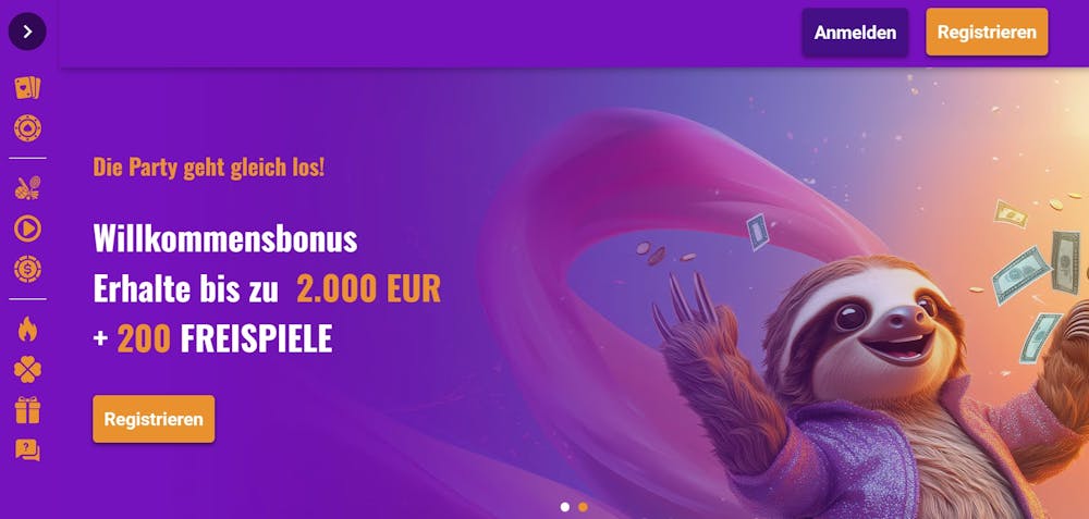 Startseite im Partyspins Casino zeigt Willkommensbonus