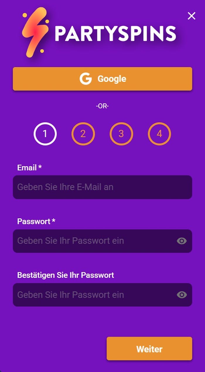 Anmeldeformular im Partyspins Casino