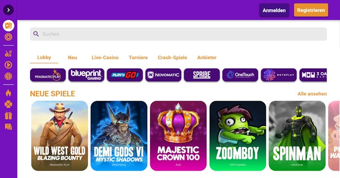 Spiellobby im Partyspins Casino zeigt neue Spiele wie Zoomboy neben anderen Spielkategorien