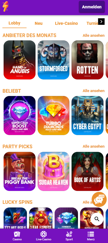 Spiellobby im Partyspins Casino zeigt Spiele wie Cyber Egypt neben anderen Spielkategorien