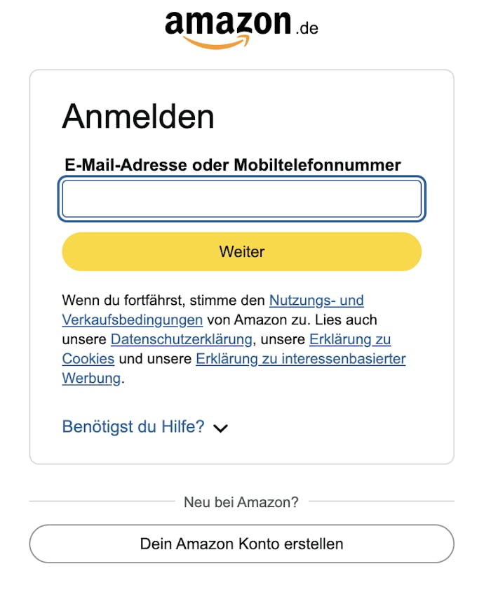 Anmeldung im Amazon Konto, um eine paysafecard mit Amazon Pay zu kaufen