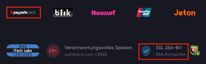 Paysafecard Logo und SSL-Verschlüsselungszertifikat im Footer eines paysafe Online Casinos