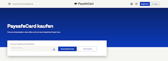 Suche nach Verkaufsstellen auf offizieller paysafecard Webseite