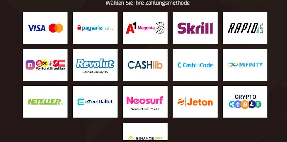 Übersicht der verfügbaren Zahlungsmethoden im paysafecard Casino