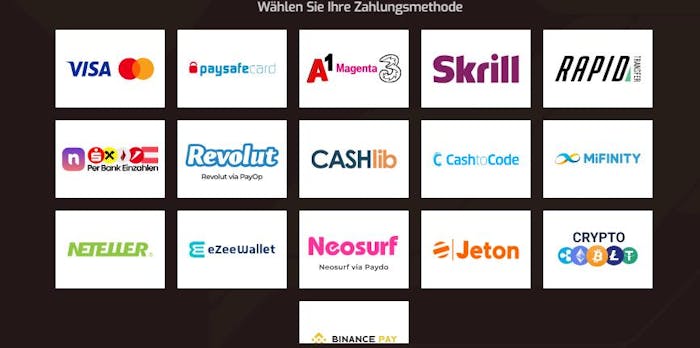 Übersicht der verfügbaren Zahlungsmethoden im paysafecard Casino