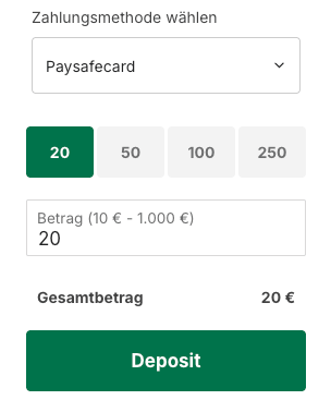 Formular zur Angabe des Einzahlungsbetrags im Casino mit Paysafe