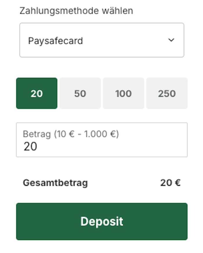 Formular zur Angabe des Einzahlungsbetrags im Casino mit Paysafe