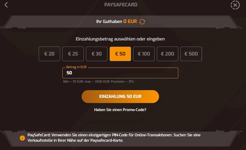 Formular zur Angabe des Einzahlungsbetrags im Casino mit Paysafe