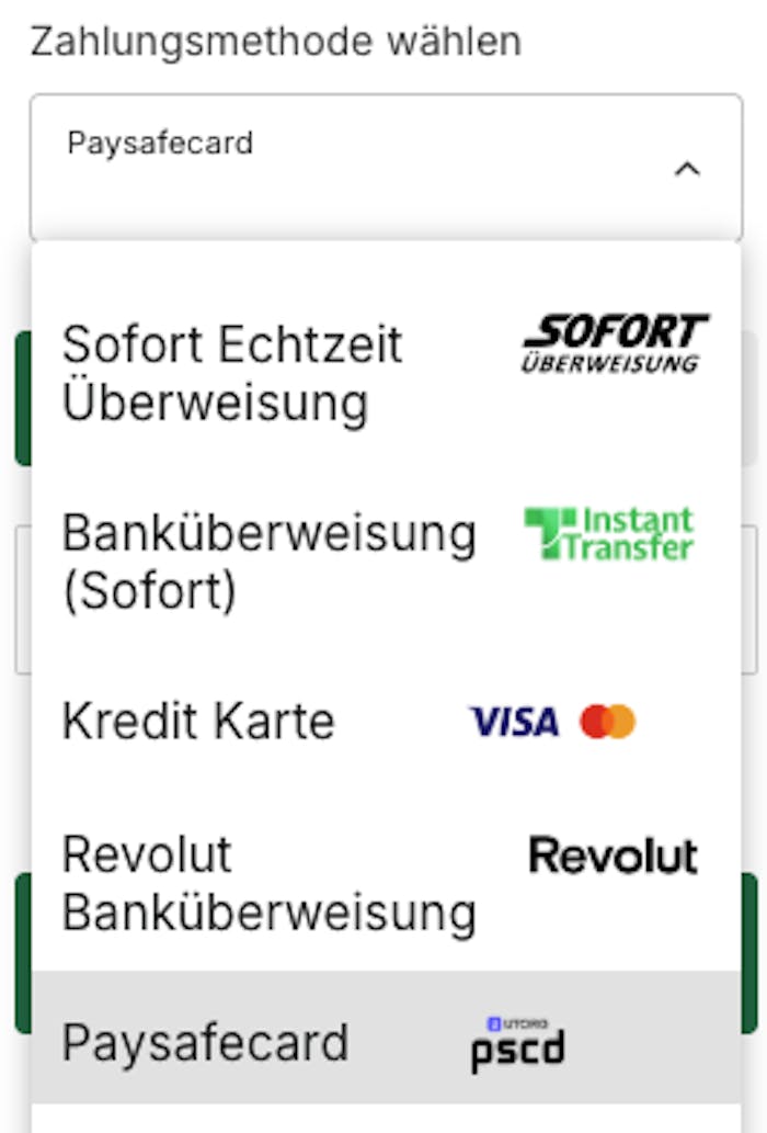 Übersicht der verfügbaren Zahlungsmethoden im paysafecard Casino