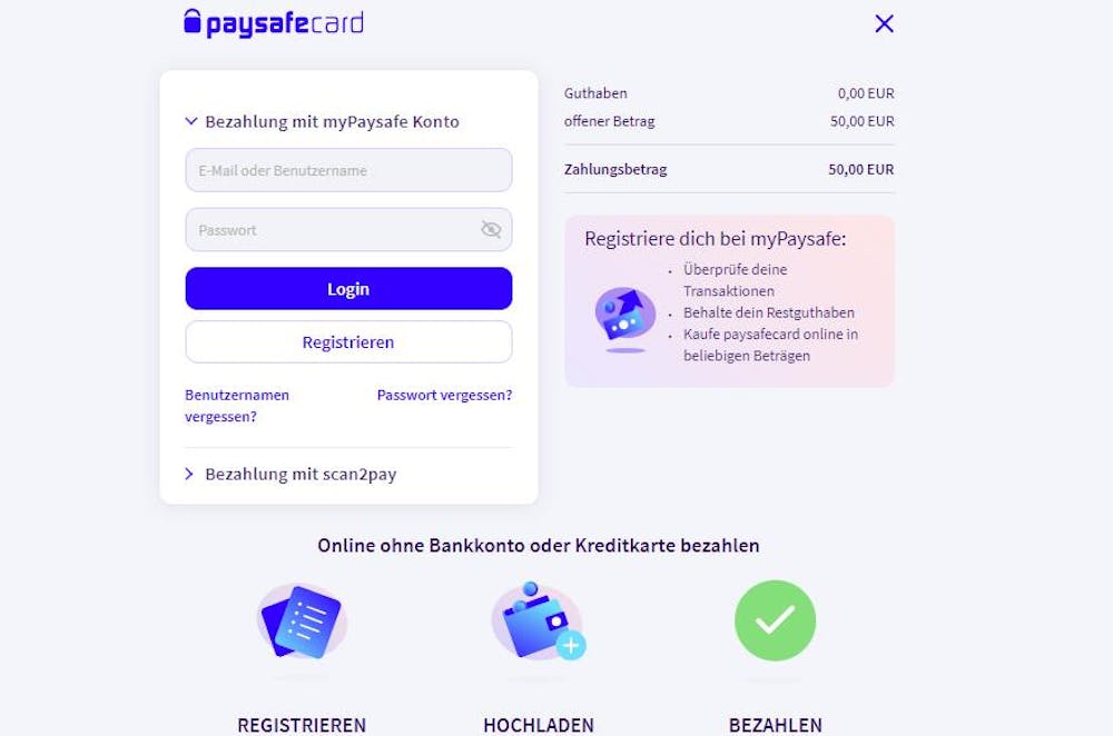 Anmeldeformular bei myPaysafe zur Zahlungsbestätigung