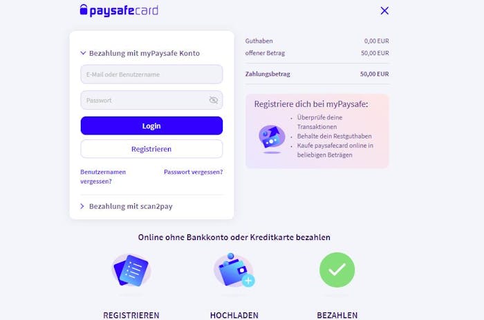 Anmeldeformular bei myPaysafe zur Zahlungsbestätigung
