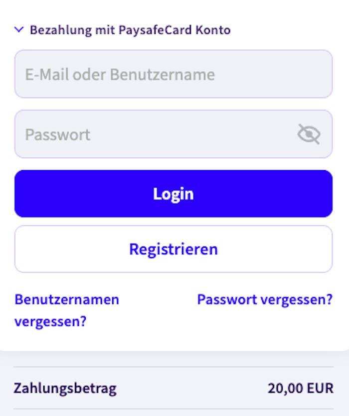 Anmeldeformular bei myPaysafe zur Zahlungsbestätigung