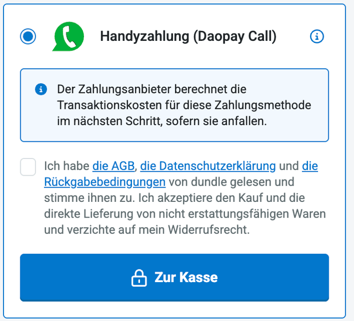 Auswahl der Handyzahlung für den Kauf von paysafecard