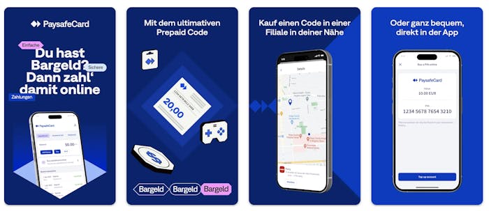Vier Abbildungen von paysafe mobile App auf Smartphone