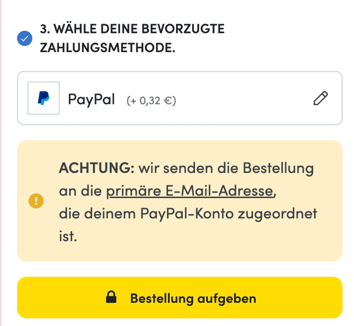 Auswahl der Zahlungsmethode PayPal zum Kauf von paysafecard
