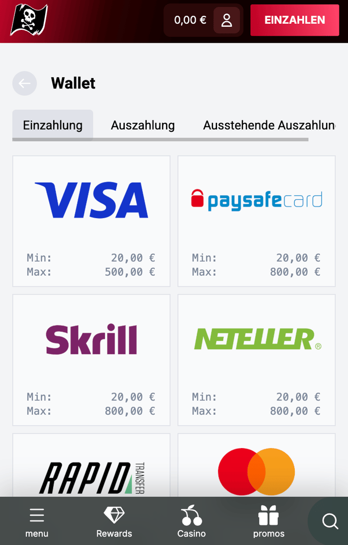 Einzahlung mit paysafecard im Piratepots Casino