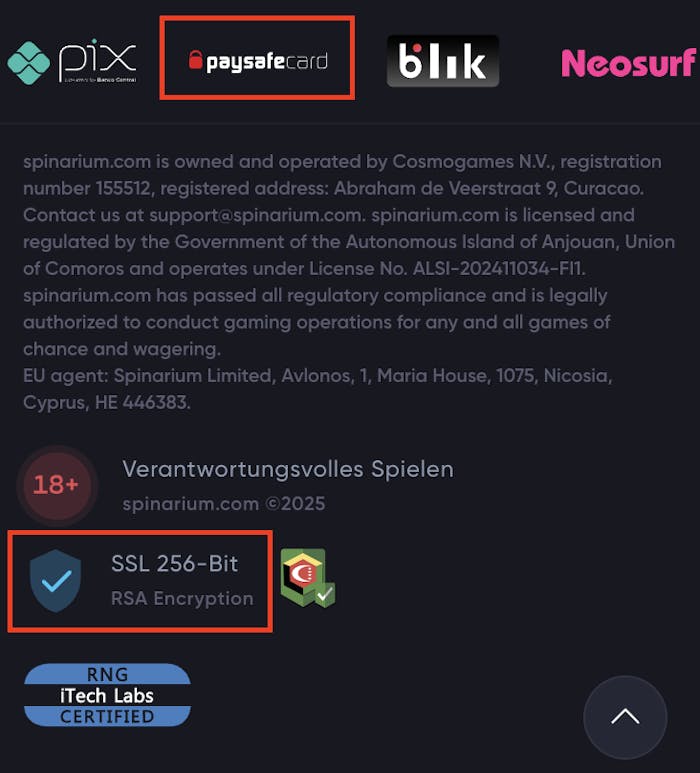 Paysafecard Logo und SSL-Verschlüsselungszertifikat im Footer eines paysafe Online Casinos
