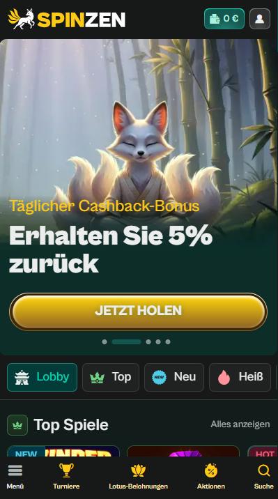 Spinzen Casino Screenshot welcher die Startseite zeigt.