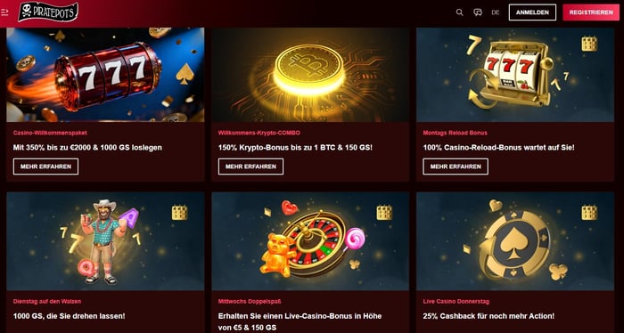 Piratepots Casino Screenshot mit dem Bonusangebot.