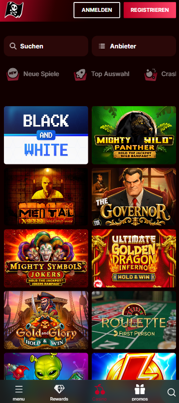 Piratepots Casino Screenshot mit der Spieleauswahl.
