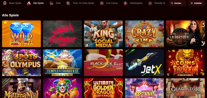 Piratepots Casino Screenshot mit der Spieleauswahl.