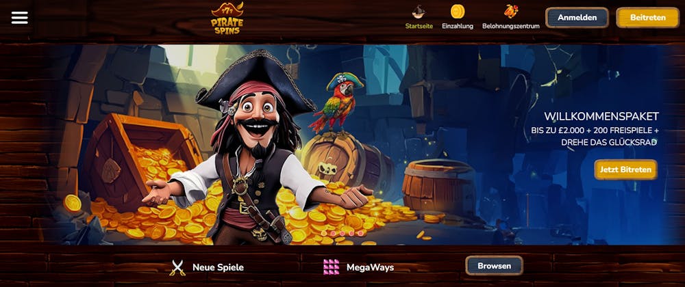 Startseite im Piratespins Casino zeigt Willkommensbonus und Spielkategorien