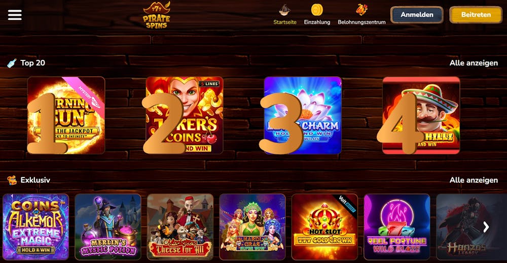 Spiellobby im Piratespins Casino zeigt Top Spiele wie Joker's Coins neben anderen Spielkategorien