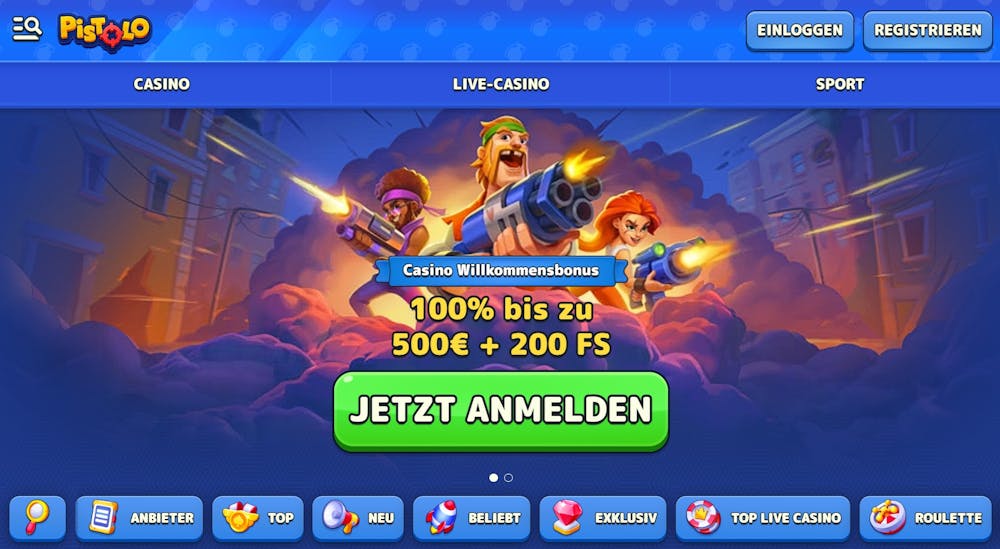 Startseite im Pistolo Casino zeigt Willkommensbonusangebot neben Casinobereichen und Spielkategorien