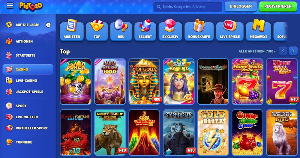 Pistolo Casino Spiellobby zeigt Spiele wie Book of Ra Deluxe neben anderen Spielkategorien