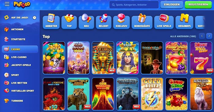 Pistolo Casino Spiellobby zeigt Spiele wie Book of Ra Deluxe neben anderen Spielkategorien