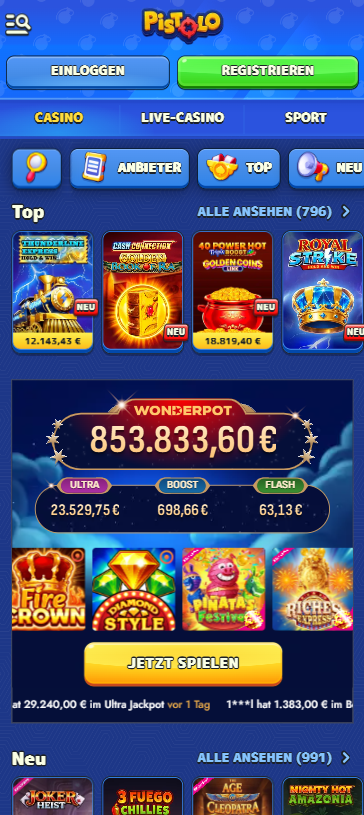 Pistolo Casino Spiellobby zeigt Spiele wie Book of Ra Deluxe neben anderen Spielkategorien