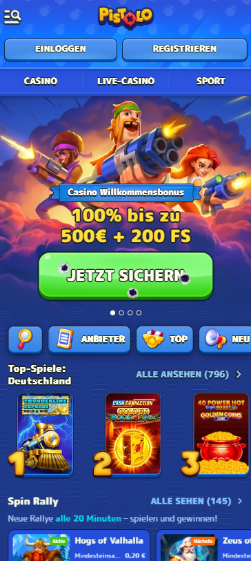 Startseite im Pistolo Casino zeigt Willkommensbonusangebot neben Casinobereichen und Spielkategorien