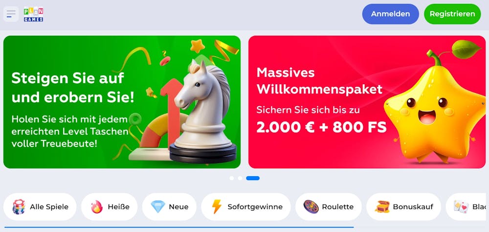 Screenshot von der Homepage: Plangames Casino Startseite zeigt Willkommensbonus bis zu 2000 Euro und 800 Freispiele