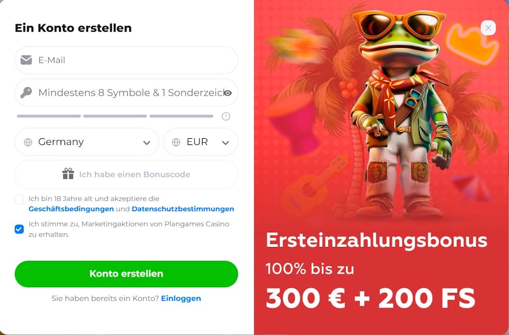 Die Anmeldemaske bei Plangames Casino