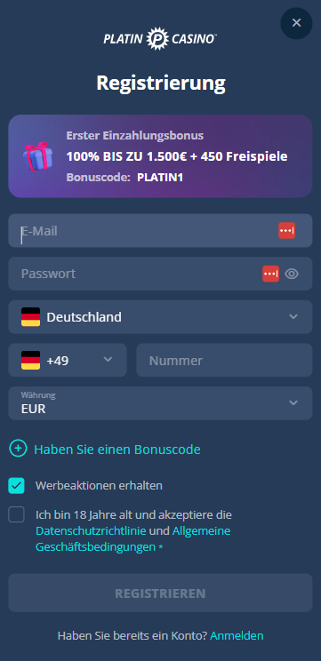 platin casino Registrierungsseite