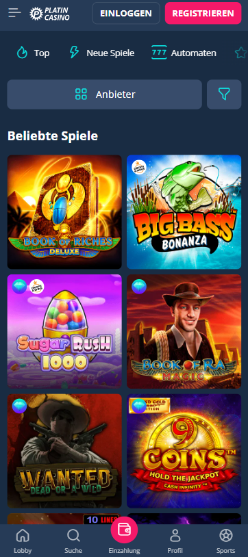Spiellobby im Platin Casino zeigt Spiele wie Sugar Rush 1000